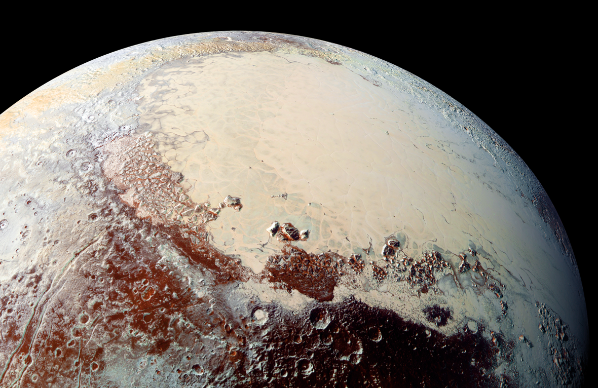 High-resolution view of Pluto Sputnik Planitia, captured by NASA's New Horizons spacecraft. The bright expanse is the western lobe of Pluto's famous "heart," which is rich in nitrogen, carbon monoxide and methane ices.Credits: NASA/JHUAPL/SWRI